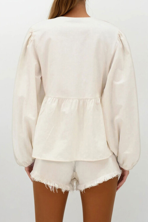 Bej Nakışlı Bağlama Detaylı Ham Keten Ceket BCHESQ-251142