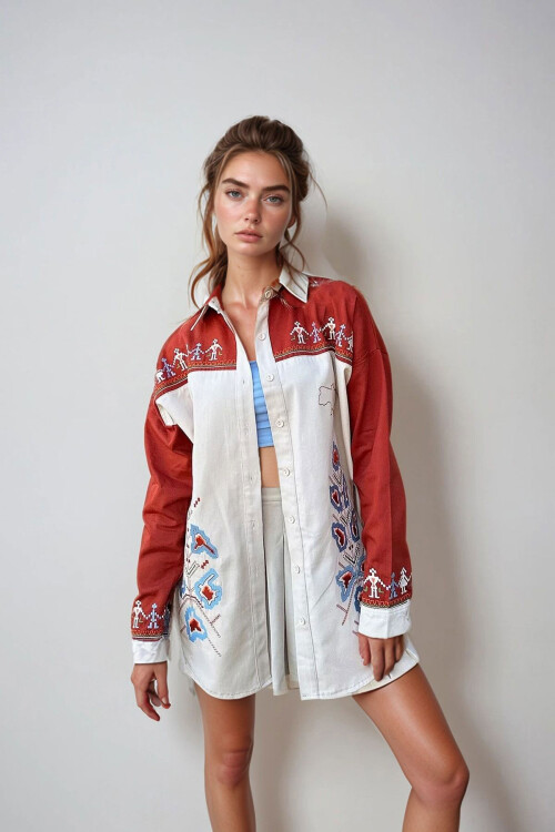 Bej Nakışlı Renk Bloklu Oversize Gabardin Ceket BCHESQ-251024