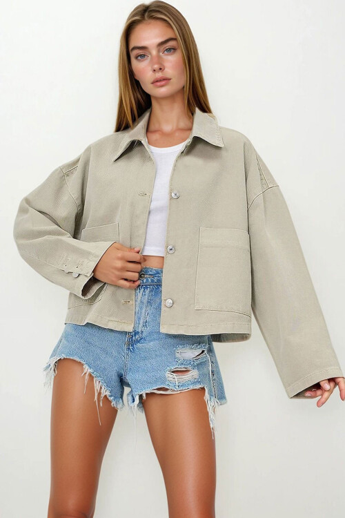 Bej Torba Cepli Çoban Dikişli Crop Jean Ceket BCHNW-251180