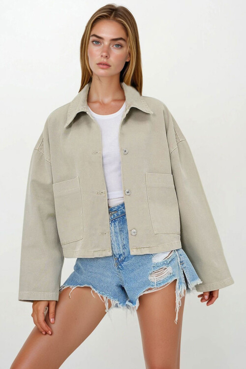 Bej Torba Cepli Çoban Dikişli Crop Jean Ceket BCHNW-251180