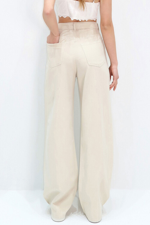 Bej Yüksek Bel Beş Cepli Wide Leg Yazlık Gabardin Pantolon BCHNW-251182