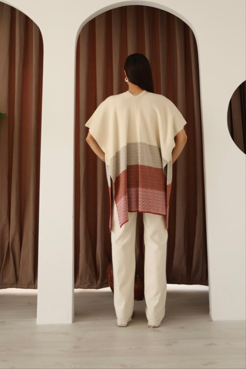 Bej Zigzag Desenli Renk Bloklu Geniş Kesim Hırka BCES-253006