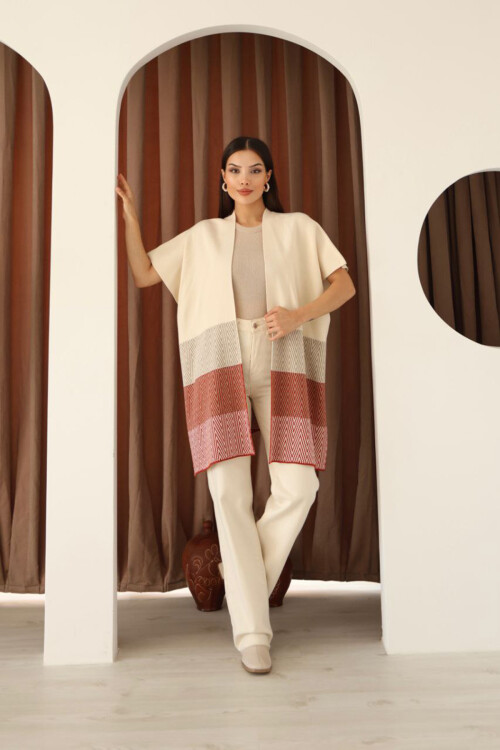 Bej Zigzag Desenli Renk Bloklu Geniş Kesim Hırka BCES-253006