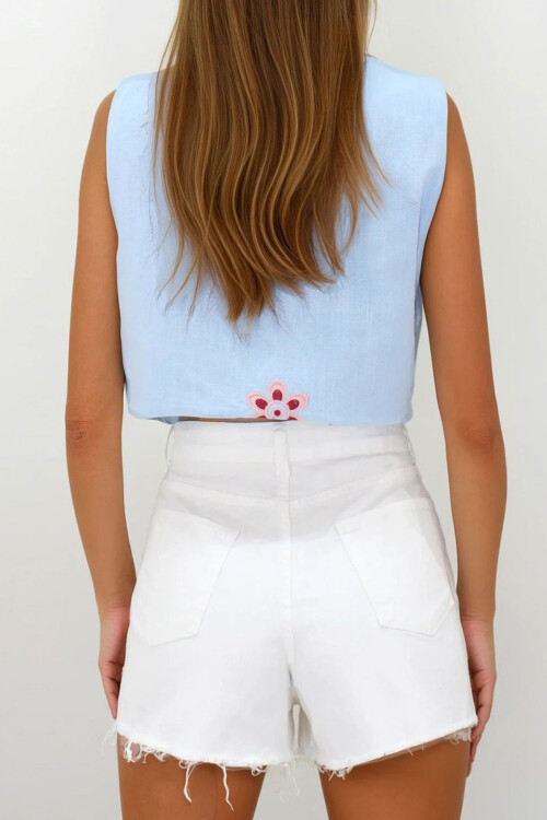 Beyaz 5 Cepli Püskül Detaylı Denim Şort BCHNW-251191