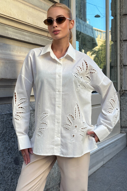 Beyaz Çiçek Motifli Premium Gömlek BCHESQ-251155