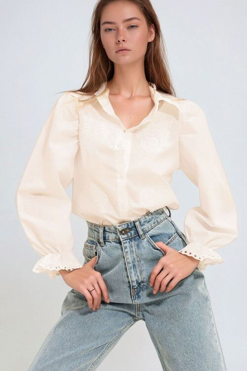 Beyaz Nakış İşlemeli Balon Kol Poplin Gömlek BCHESQ-251022