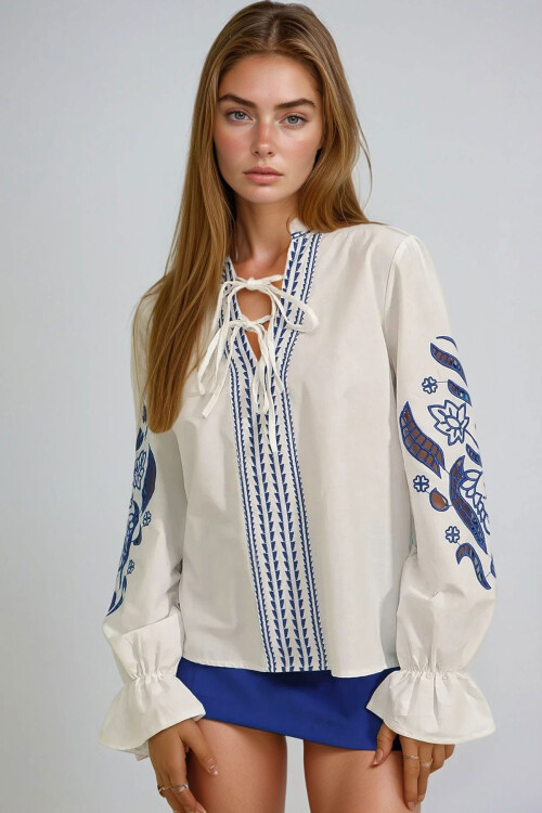 Beyaz Nakış İşlemeli Önü Bağcıklı Kolları Lazer Kesim Poplin Dokuma Bluz BCHESQ-251101