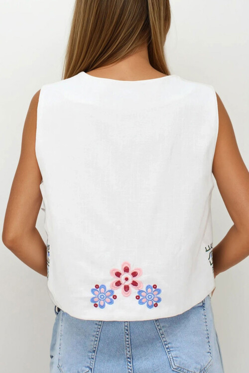 Beyaz Nakışlı Bağcık Detaylı Tasarım Ham Keten Yelek BCHESQ-251144