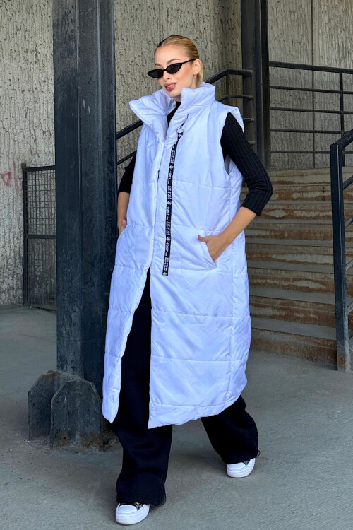 Beyaz Uzun Boy Kapitone Şişme Yelek BCVL-25NY08