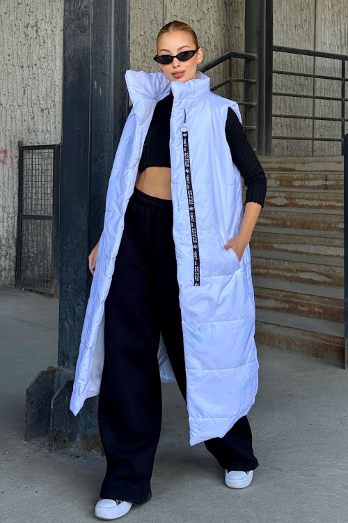 Beyaz Uzun Boy Kapitone Şişme Yelek BCVL-25NY08