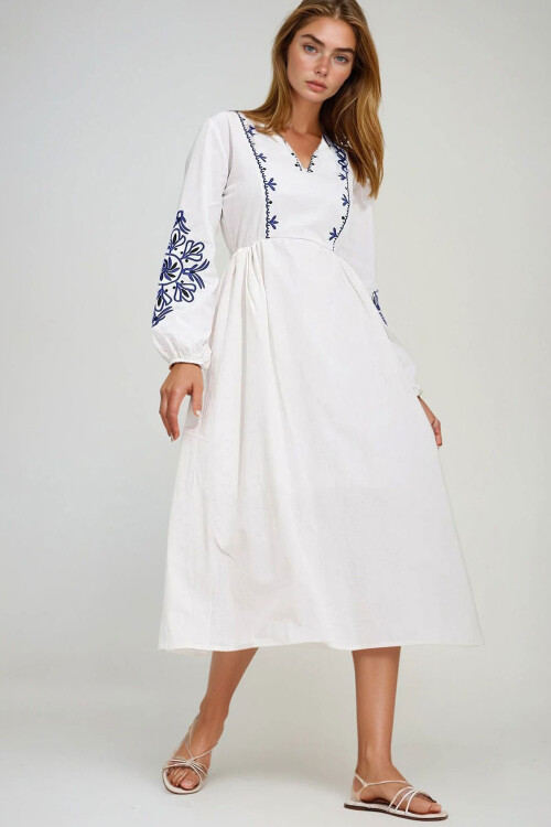 Beyaz V Yaka İçi Astarlı Keten Nakışlı Midi Boy Elbise BCHESQ-251041
