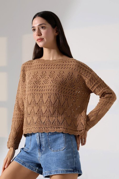 Bisküvi Bisiklet Yaka Dantel Motifli Triko Kazak BCES-252043