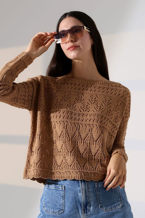 Bisküvi Bisiklet Yaka Dantel Motifli Triko Kazak BCES-252043