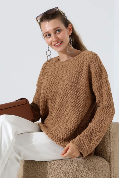 Bisküvi Bisiklet Yaka Su Yolu Desenli Triko Kazak BCES-252008