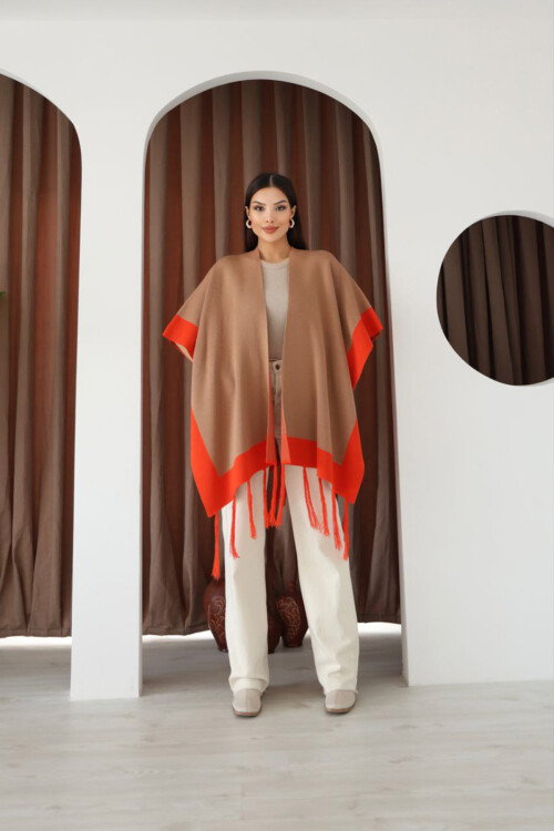 Bisküvi Püsküllü Renk Bloklu Kışlık Triko Şal BCES-253005