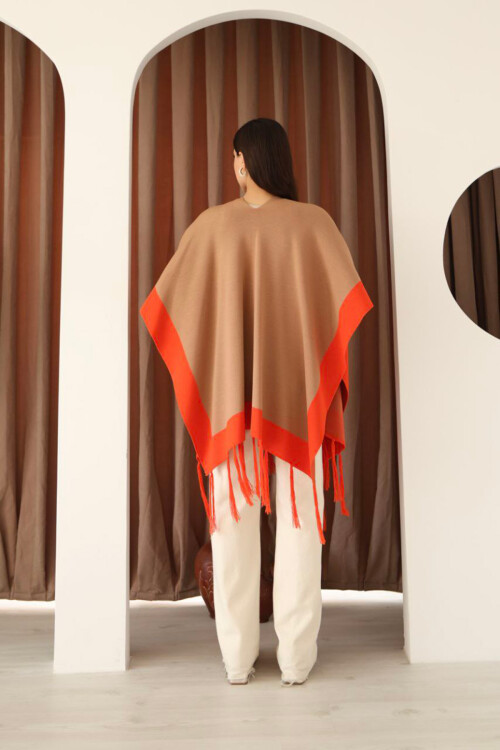 Bisküvi Püsküllü Renk Bloklu Kışlık Triko Şal BCES-253005