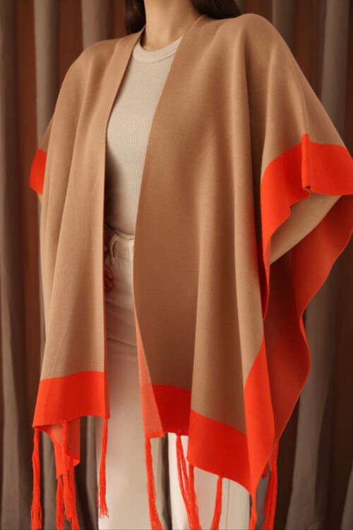 Bisküvi Püsküllü Renk Bloklu Kışlık Triko Şal BCES-253005