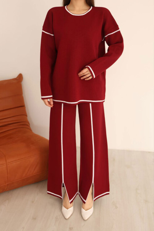Bordo Çizgi Desenli Triko Kazak Ve Yırtmaçlı Pantolon Triko Alt Üst Takım BCES-253008