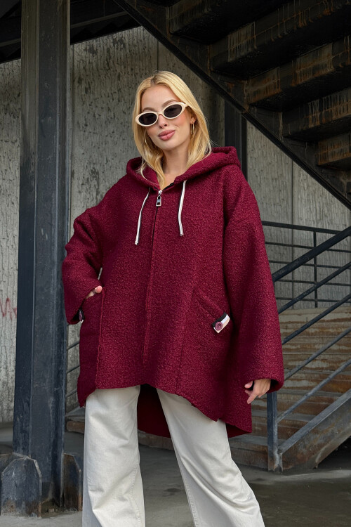 Bordo Kapüşonlu Çift Cepli Oversize Buklet Ceket Mont BCVL-25V605