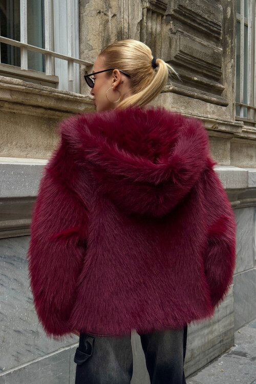 Bordo Kapüşonlu Suni Kürk Premium Peluş Ceket BCVL-25V218-KPS