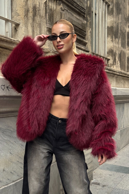 Bordo Kapüşonlu Suni Kürk Premium Peluş Ceket BCVL-25V218-KPS