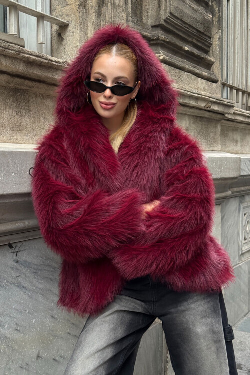 Bordo Kapüşonlu Suni Kürk Premium Peluş Ceket BCVL-25V218-KPS