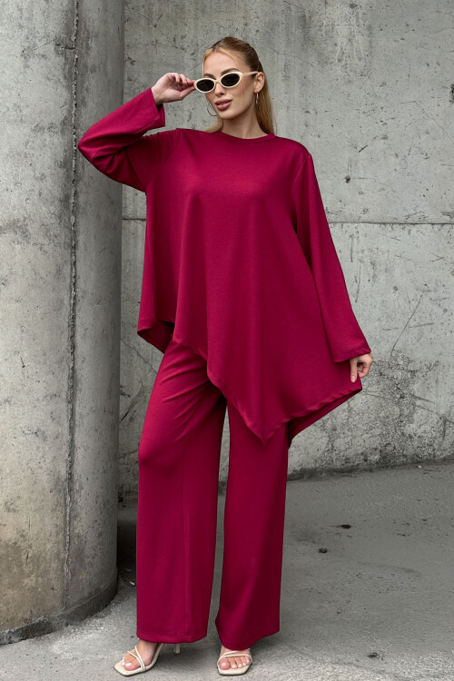 Bordo Rahat Kalıp Asimetrik Bluz Ve Pantolon Modal Kumaş Alt Üst Takım BCVL-25V231