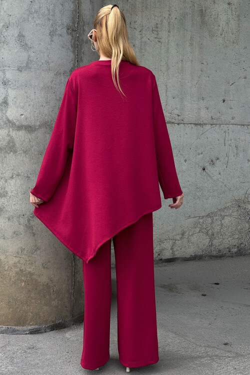 Bordo Rahat Kalıp Asimetrik Bluz Ve Pantolon Modal Kumaş Alt Üst Takım BCVL-25V231