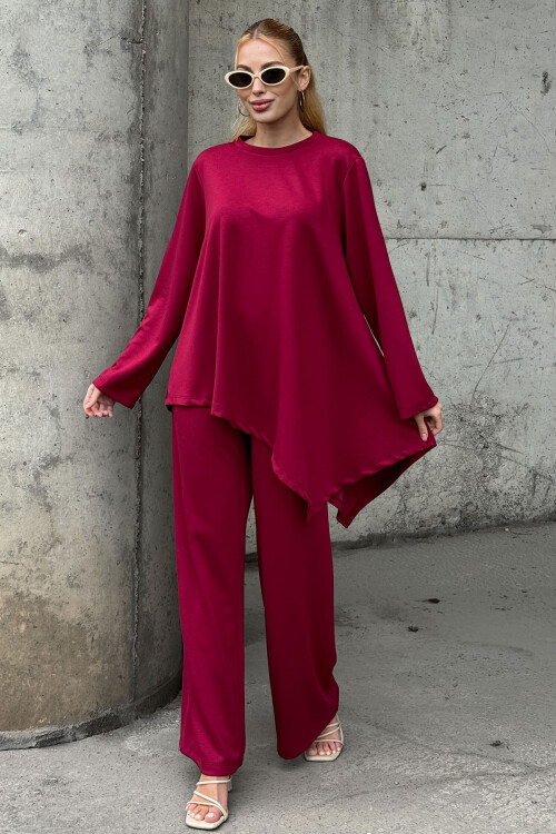 Bordo Rahat Kalıp Asimetrik Bluz Ve Pantolon Modal Kumaş Alt Üst Takım BCVL-25V231