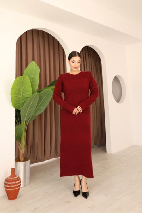 Bordo Uzun Kol Maxi Boy Triko Elbise BCES-253004