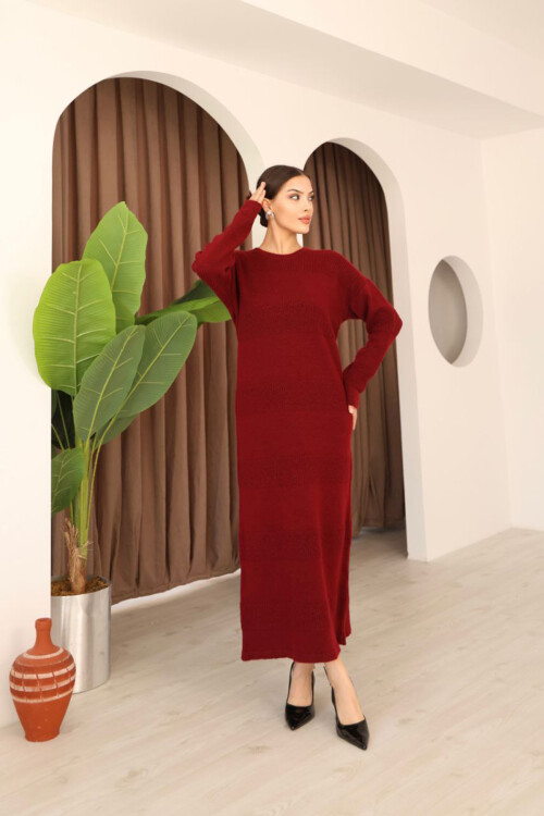 Bordo Uzun Kol Maxi Boy Triko Elbise BCES-253004