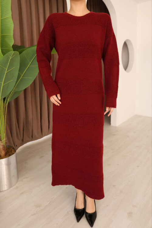 Bordo Uzun Kol Maxi Boy Triko Elbise BCES-253004