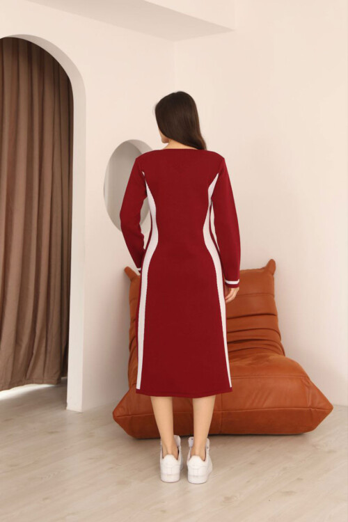 Bordo V Yaka Çizgi Bloklu Triko Elbise BCES-253007