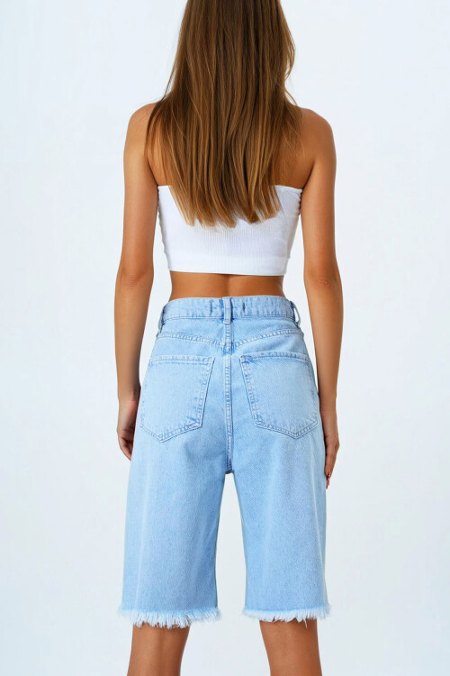 Buz Mavi 5 Cepli Paçası Püsküllü Denim Şort BCHNW-251196