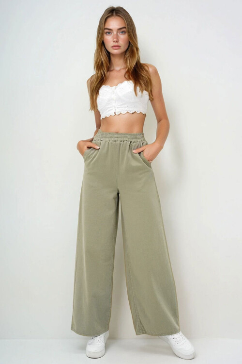 Çağla Yeşili Çift Cepli Gabardin Palazzo Pantolon BCHNW-251185