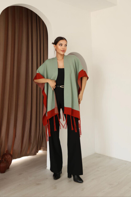 Çağla Yeşili Püsküllü Renk Bloklu Kışlık Triko Şal BCES-253005