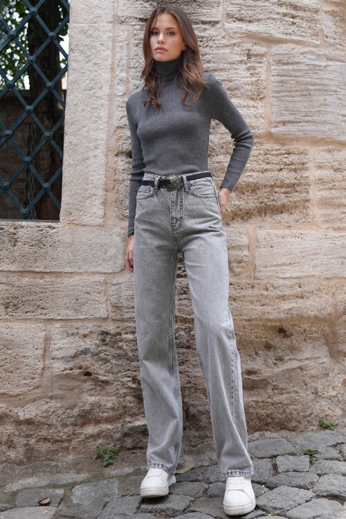 Duman Grisi 5 Cepli Yüksek Bel Düz Paça Jean BCHNW-251204