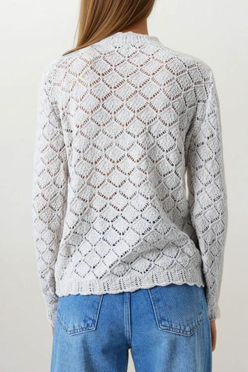 Ekru Ajurlu Çiçek Nakışlı Düğmeli Triko Hırka BCHESQ-251158