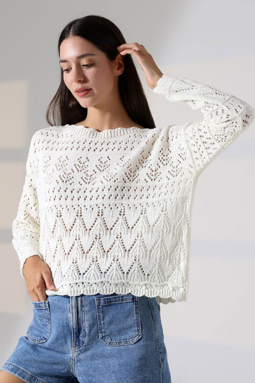 Ekru Bisiklet Yaka Dantel Motifli Triko Kazak BCES-252043