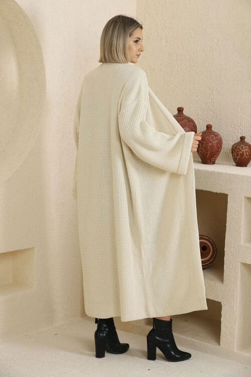 Ekru Duble Kol Uzun Tesettür Triko Hırka BCES-253000