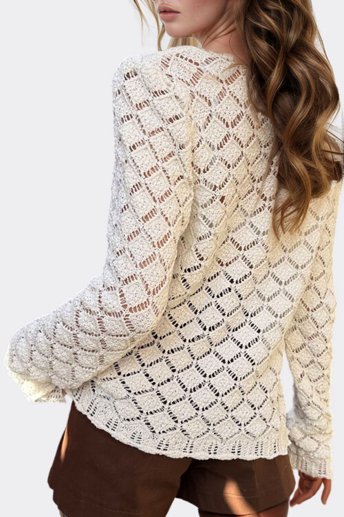 Ekru Nakışlı Ajurlu Triko Hırka BCHESQ-251028