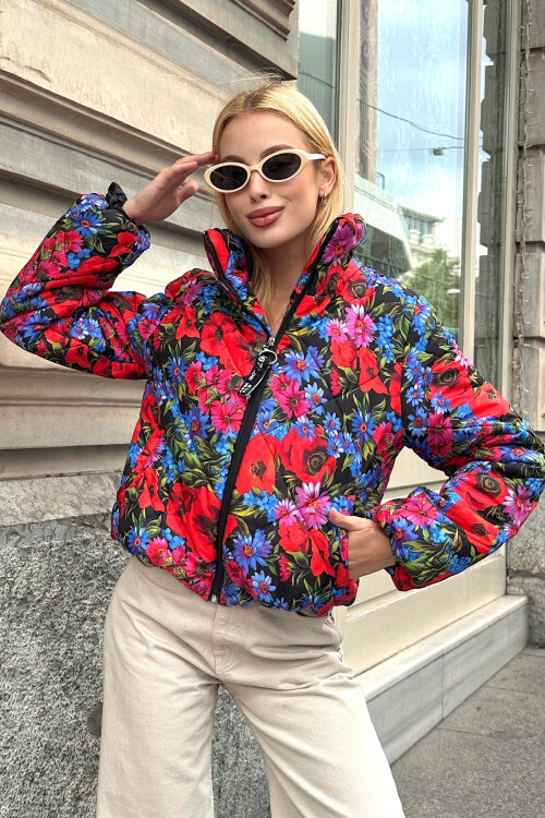 Fuşya Çiçek Desenli Cepli Şişme Mont BCVL-25N015