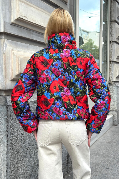 Fuşya Çiçek Desenli Cepli Şişme Mont BCVL-25N015