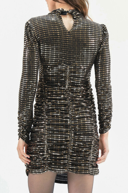 Gold Dik Yaka Büzgülü Pul Payet Mini Elbise BCHESQ-251163