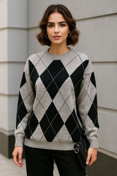 Gri Bisiklet Yaka Baklava Desenli Triko Kazak BCVL-253027