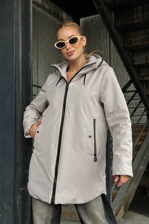 Gri Çift Cepli Kapüşonlu Mont BCVL-254203