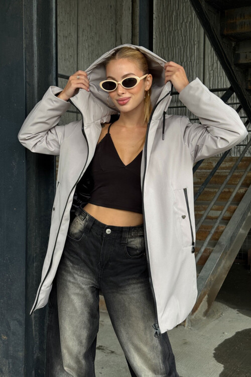 Gri Çift Cepli Kapüşonlu Mont BCVL-254203