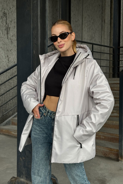 Gri Çift Cepli Kapüşonlu Mont BCVL-254204