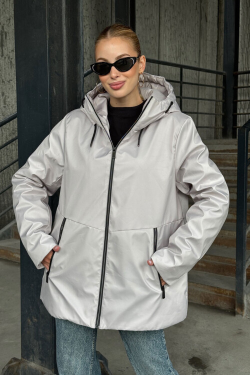 Gri Çift Cepli Kapüşonlu Mont BCVL-254204