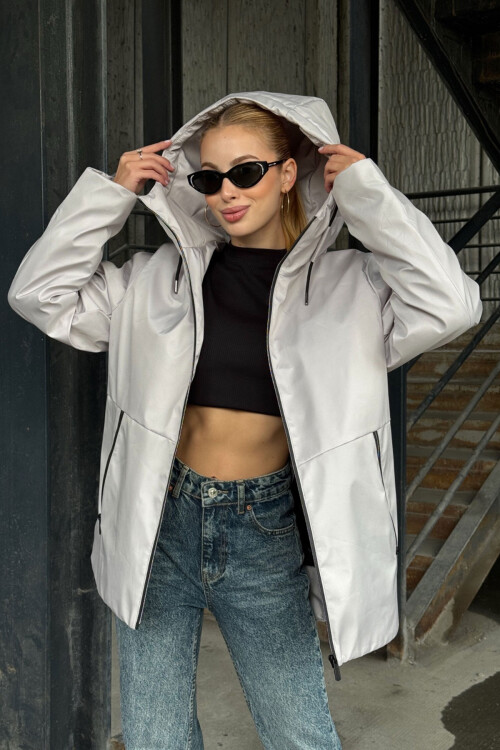 Gri Çift Cepli Kapüşonlu Mont BCVL-254204